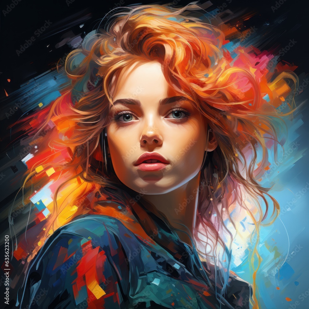 A colorful portrait art of a beautiful women. Pointillism style.
