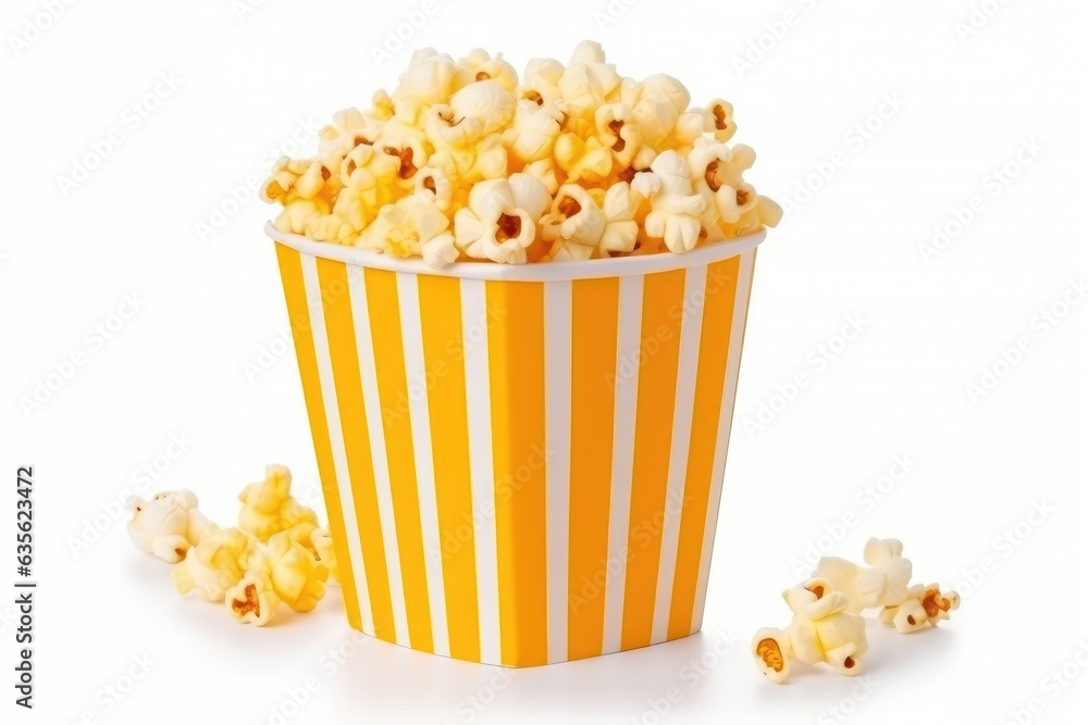 Yellow white striped carton bucket with tasty cheese popcorn Yellow white striped carton bucket with tasty cheese popcorn