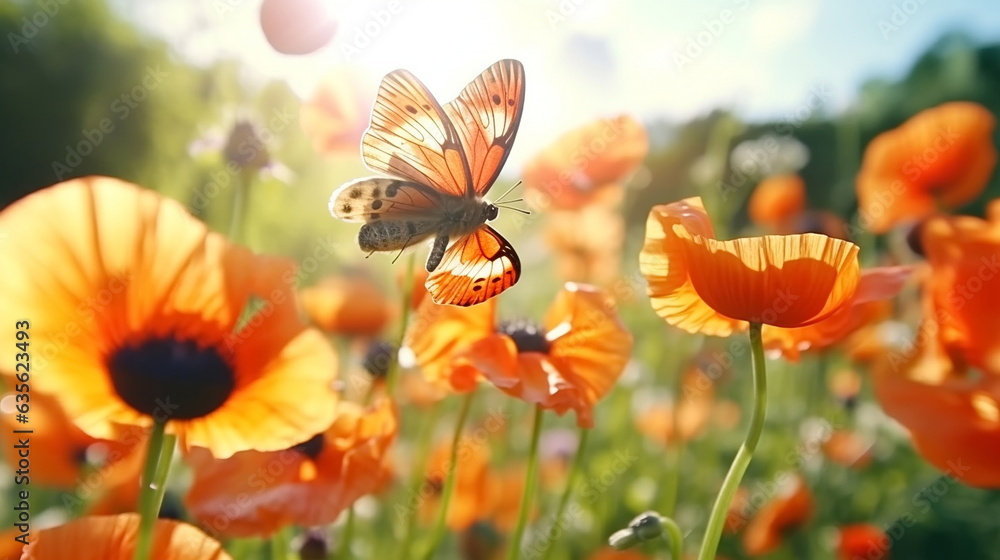 poppy flowers with morning dew water drops on wild field,bee and buterfly ,nature landscape background poppy flowers with morning dew water drops on wild field,bee and buterfly ,nature landscape background