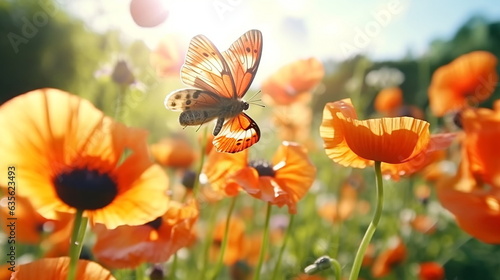  poppy flowers with morning dew water drops on wild field,bee and buterfly ,nature landscape background © Aleksandr