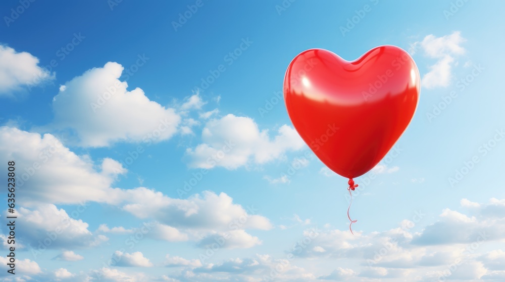 Heart shaped red balloon flying in blue sky with white clouds Heart shaped red balloon flying in blue sky with white clouds