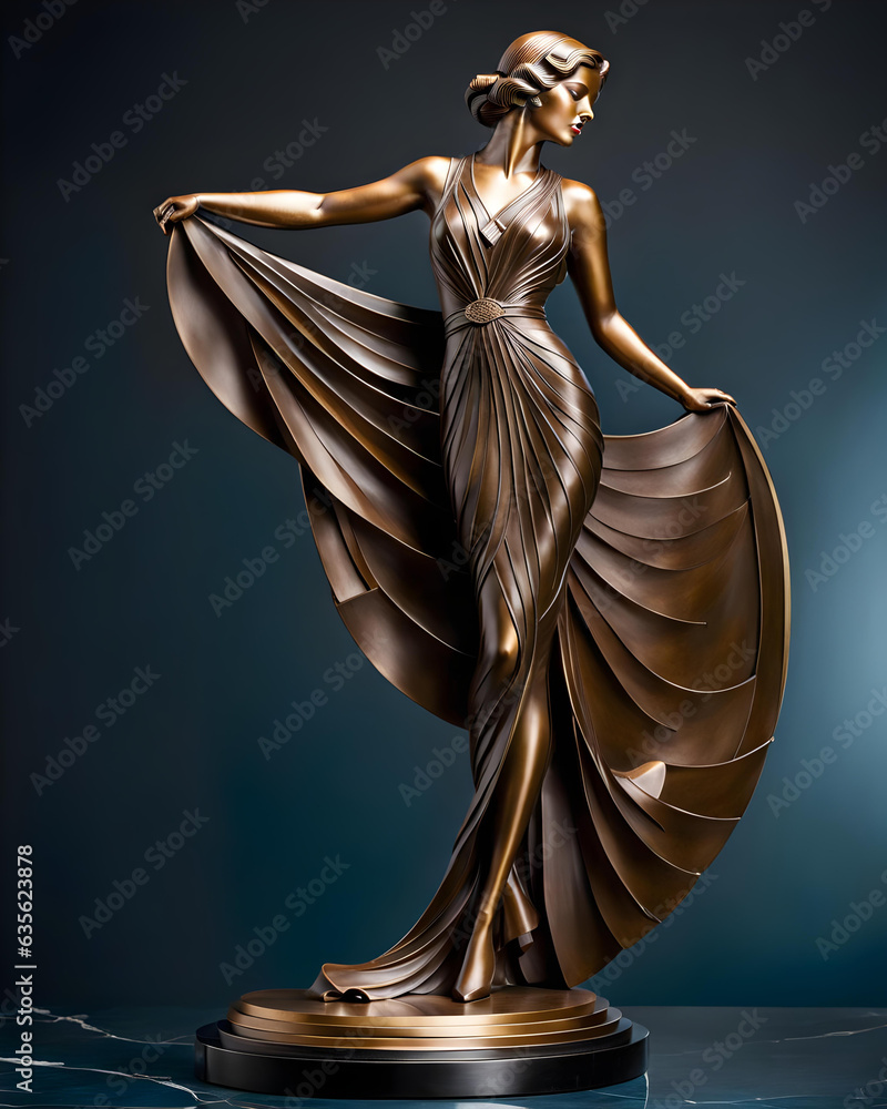 an art deco bronze figure of a woman - generative ai - obrazy, fototapety, plakaty 
