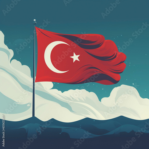 Turkey flag waving in wind on blue sky