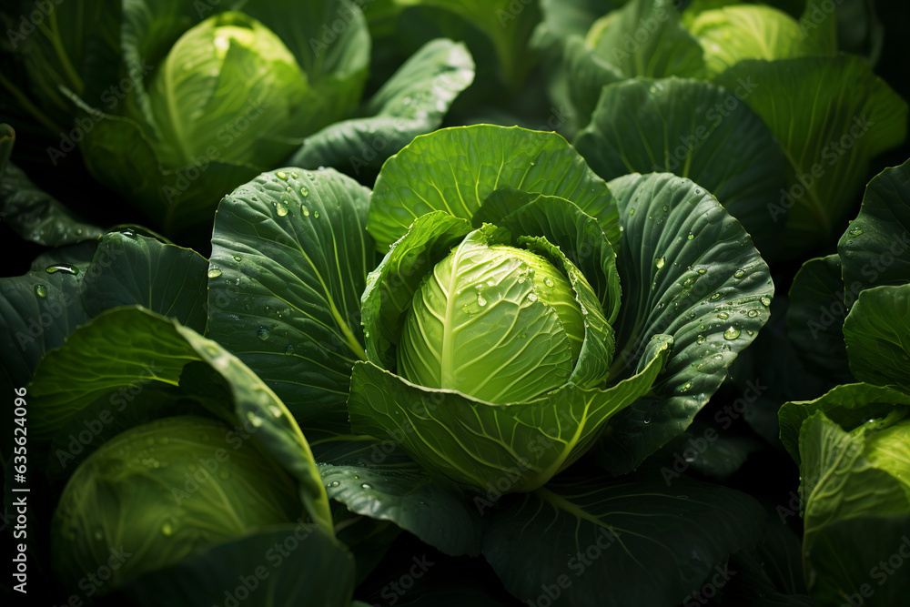 Fototapeta premium Cabbage with big bright green leaves, green cabbage vegetable, whole cabbage in the garden, vegetarian nutrition, cabbage for farm market, generative ai