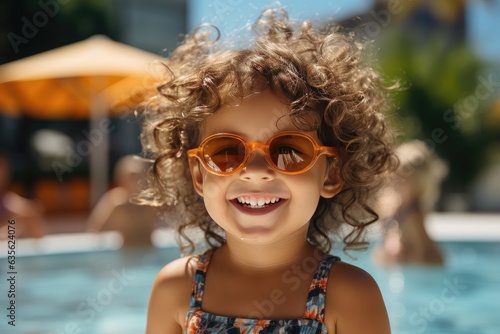 A happy little girl in sunglasses near the pool in the summer. space for text. children's summer holidays