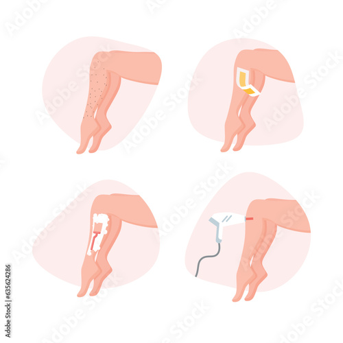 Hair removal methods on female legs. Laser, shaving by razor, wax. Female beauty salon poster. Vector illustration in trendy flat style isolated.