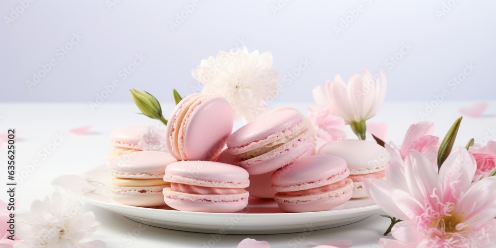 A plate of macarons and flowers on a table. Digital image. Wedding decor. A plate of macarons and flowers on a table. Digital image. Wedding decor.