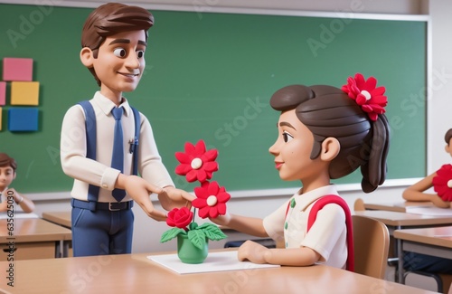 Creative concept of Happy Teachers Day illustration. Back to school. Student giving flower to class teacher in class room. Class Room. Generative Ai. photo