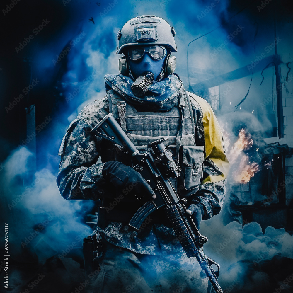 Double exposure of a Soldier and destroyed buildings. Ukrainian flag on background. War on Ukraine Double exposure of a Soldier and destroyed buildings. Ukrainian flag on background. War on Ukraine