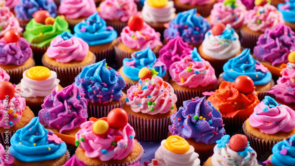 Stylishly Decorated Yummy Cupcakes with Intricate Frosting Designs, Sprinkles, and Edible Decorations, Presented in an Appealing Arrangement. AI Generated 8K.