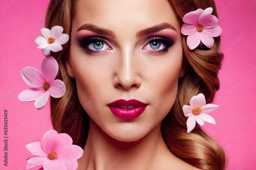 woman with pink orchid, Abstract woman portrait with flowers over head on pink background, fantasy in style Barbie Pink. Concept of environmental friendliness and naturalness of cosmetic products. 