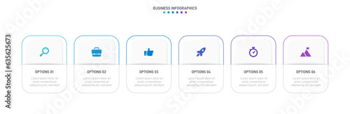 Timeline infographic with infochart. Modern presentation template with 6 spets for business process. Website template on white background for concept modern design. Horizontal layout.
