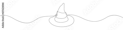 Wizard hat linear drawn continuous icon. Magic hat black one line vector icon. Line design of wizards hat on halloween. 