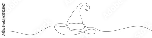 Wizard hat linear drawn continuous icon. Magic hat black one line vector icon. Line design of wizards hat on halloween. 