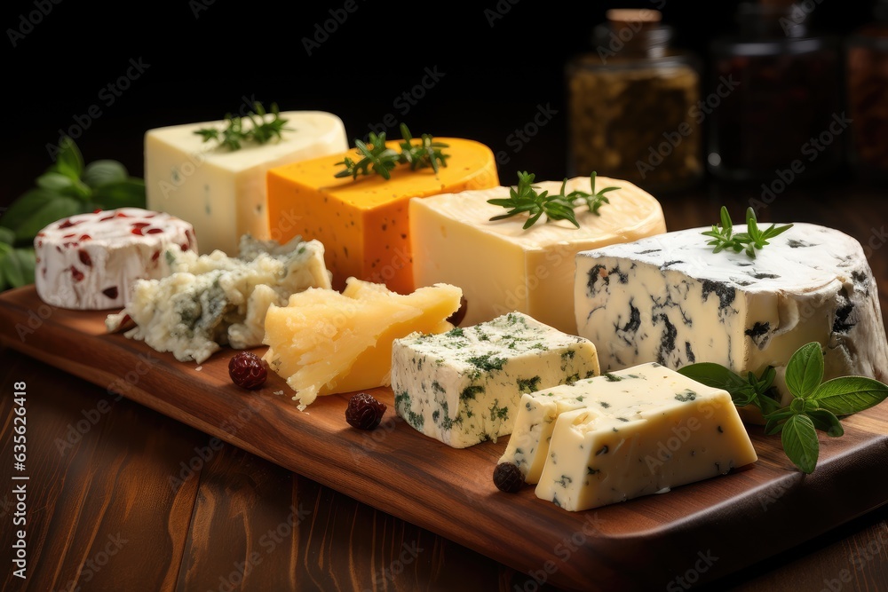 Pieces of cheese of different types on a wooden board. Advertising banner. Generative AI