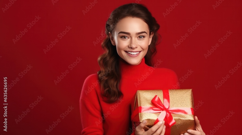 Beautiful girl standing on a red background with a gift in the hands Beautiful girl standing on a red background with a gift in the hands