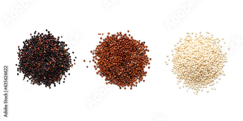 Red, white, and black quinoa on white background.