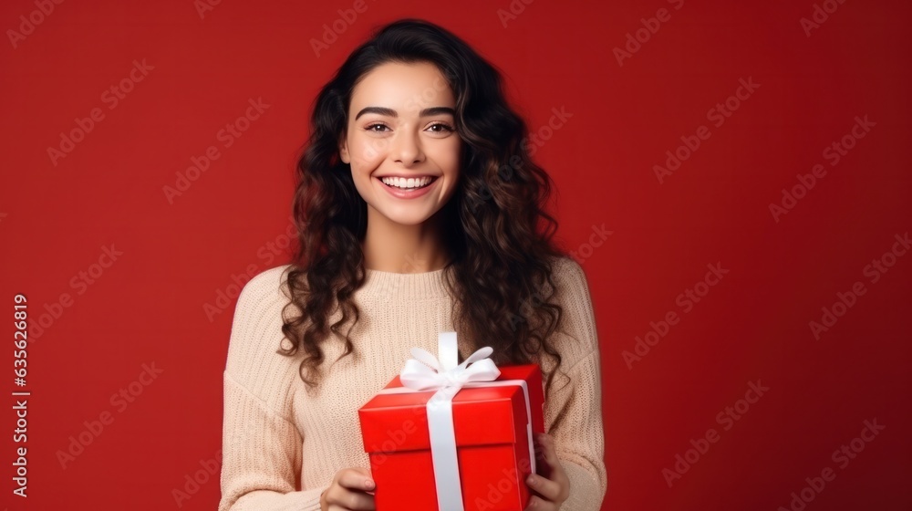 Beautiful girl standing on a red background with a gift in the hands Beautiful girl standing on a red background with a gift in the hands