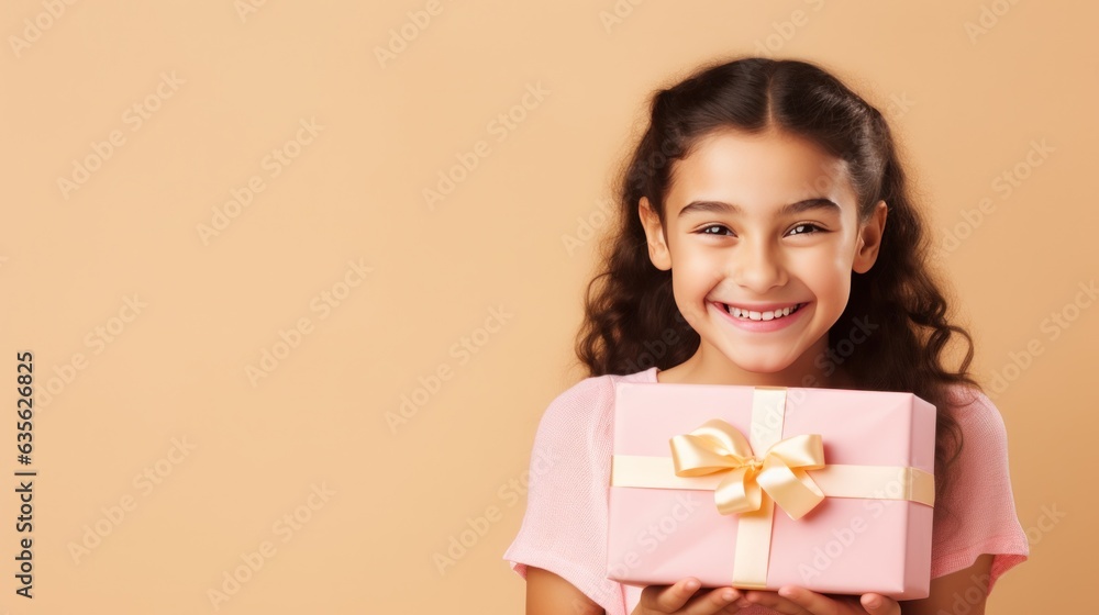 Beautiful girl standing on a pink background with a gift in the hands. Beautiful girl standing on a pink background with a gift in the hands.