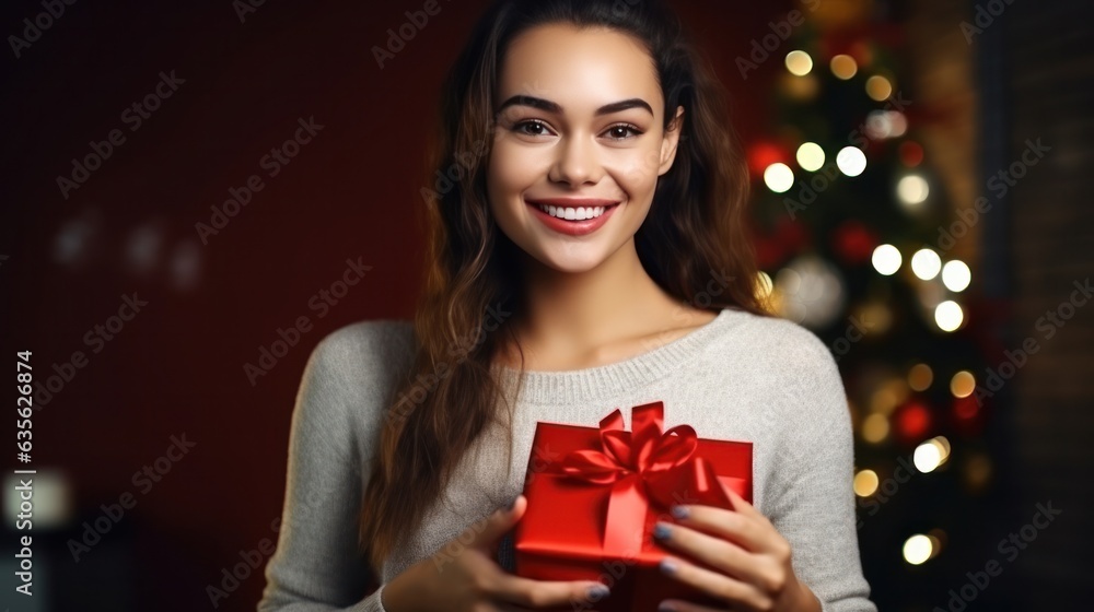 Beautiful girl standing on a red background with a gift in the hands Beautiful girl standing on a red background with a gift in the hands