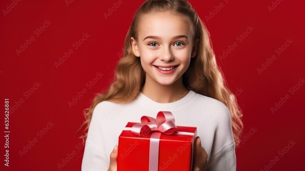 Beautiful girl standing on a red background with a gift in the hands Beautiful girl standing on a red background with a gift in the hands