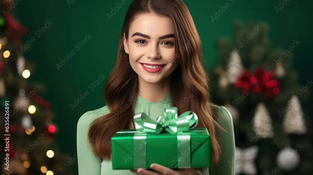 Beautiful girl standing on a green background with a gift in the hands Beautiful girl standing on a green background with a gift in the hands