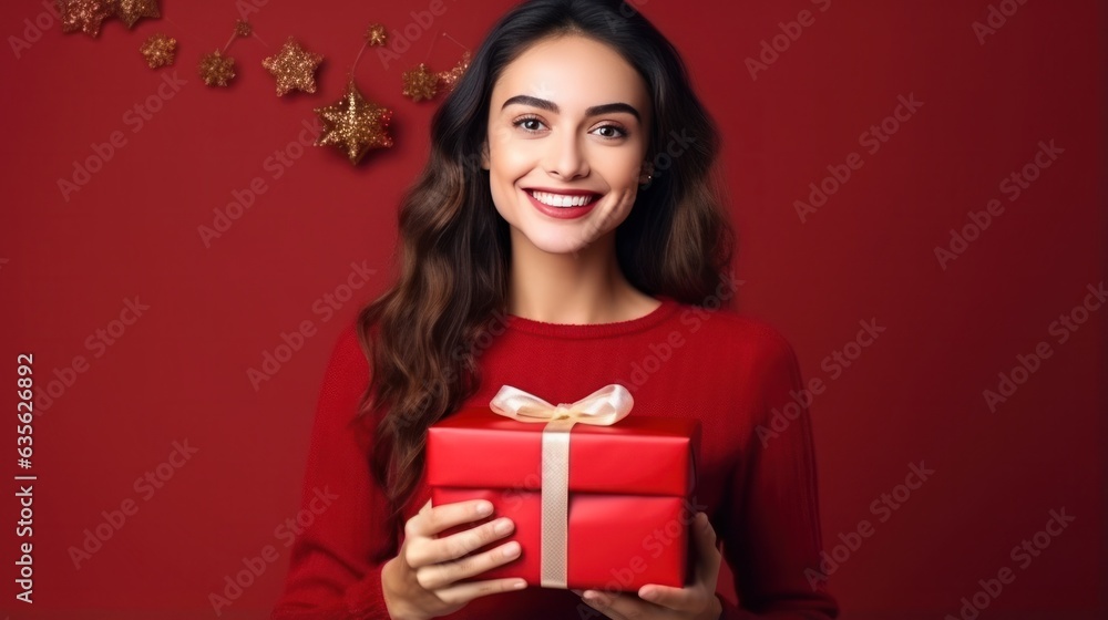 Beautiful girl standing on a red background with a gift in the hands Beautiful girl standing on a red background with a gift in the hands