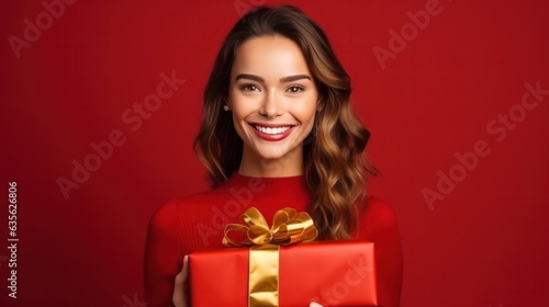 Beautiful girl standing on a red background with a gift in the hands