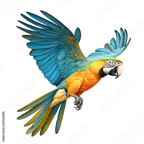 Blue and Gold macaw flying against a transparent background in closeup