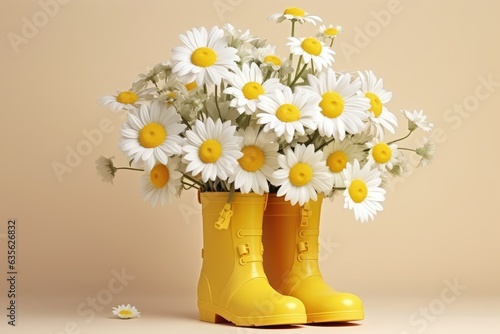 Bouquet Of White Chamomile Flowers In Yellow Rain Boots ai generated
