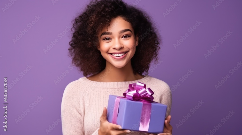 Beautiful girl standing on a violet background with a gift in the hands Beautiful girl standing on a violet background with a gift in the hands
