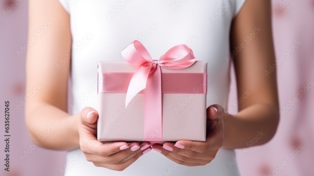 Beautiful girl standing on a pink background with a gift in the hands. Beautiful girl standing on a pink background with a gift in the hands.