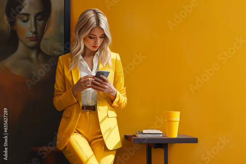 pretty young lady looking for information on the phone on the yellow background  photo