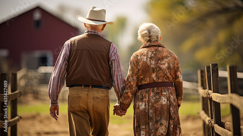 Retired married couple holding hands and walking in a farm