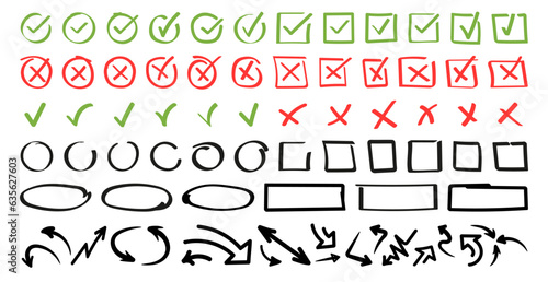 Doodle icon set. Check mark hand drawn with different circle arrows, circles, squares and underlines. Vector illustration.