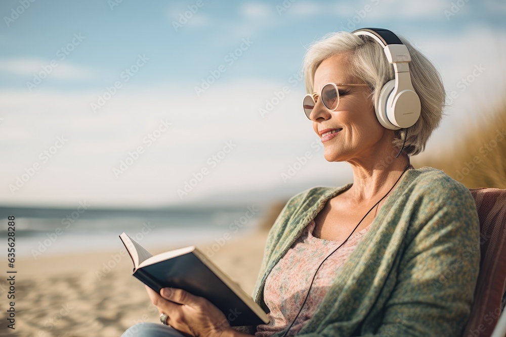 Mature Woman Wearing Wireless In-Ear Headphones