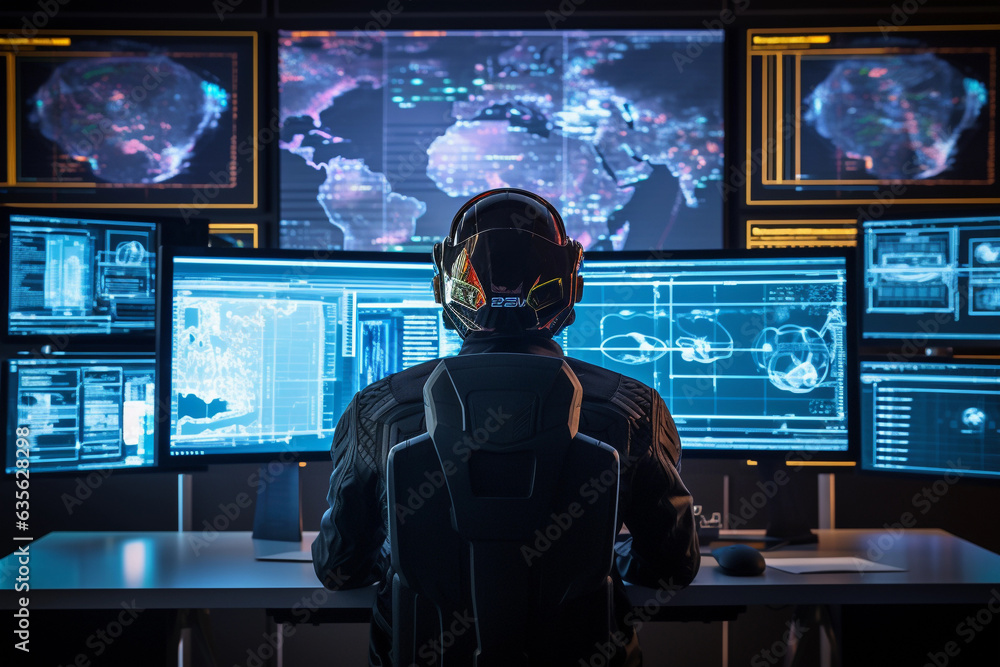 Image of the back view of an unrecognizable futuristic person sitting at a desk with large computer monitors Image of the back view of an unrecognizable futuristic person sitting at a desk with large computer monitors