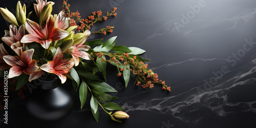 Blank black granite board outdoors. Mockup of a memorial or nominal plate with flowers. Template with copy space