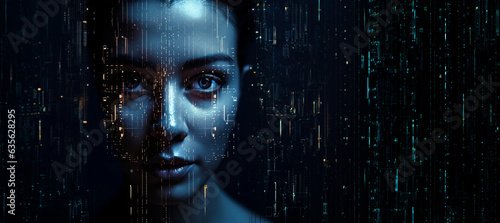 Abstract digital human face. Concept of artificial intelligence, big data, or cybersecurity. #635628295