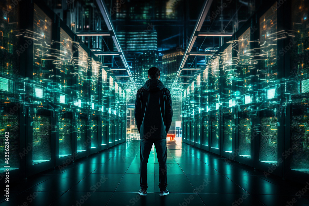 Person looking at a wired internet server from behind. Person looking at a wired internet server from behind.