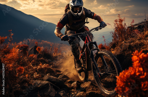 A man cycling down a scenic dirt road. Mountain biker on a mountain trail during autumn