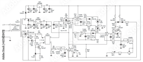 Schematic diagram of electronic device. 
Vector drawing electrical circuit with 
operational amplifier, resistor, capacitor, switch, led, 
integrated circuit, diode and other electronic components.