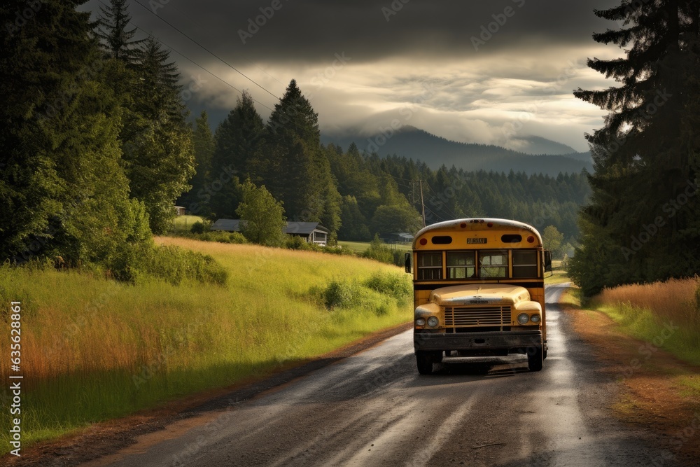 School Bus On The Highway Somewhere In A Rural Area School Bus On The Highway Somewhere In A Rural Area
