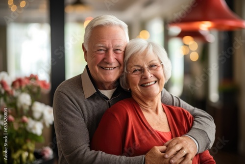 Retired Couple Hugging With A Smile Indoors