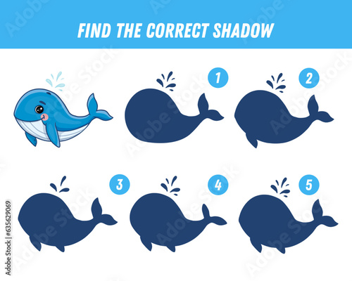 Find correct shadow of cute whale. Educational logical game for kids. Cartoon whale. Vector