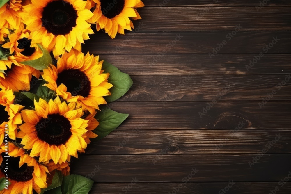 Obraz premium Sunflowers On The Wooden Background Flat Lay Autumn