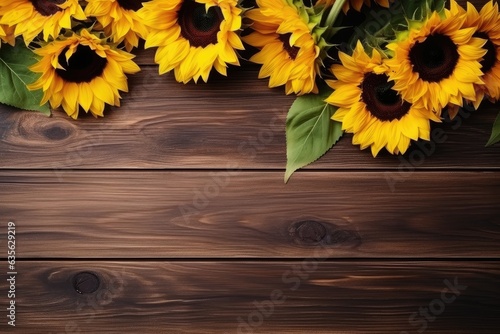 Sunflowers On The Wooden Background Flat Lay Autumn