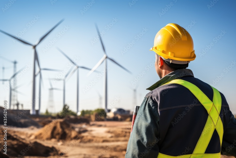 Unrecognizable Worker In A Yellow Hard Hat against the backdrop of windmills ai generated Unrecognizable Worker In A Yellow Hard Hat against the backdrop of windmills ai generated