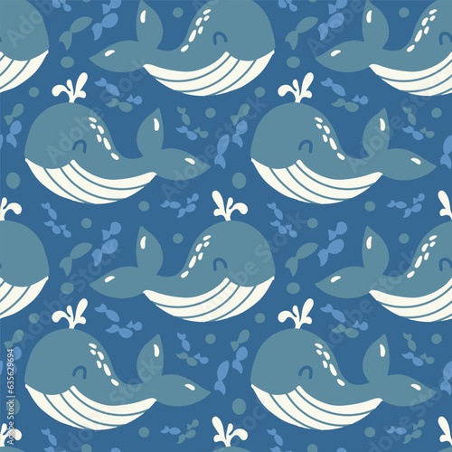Cute whales and fish on a blue background. Children's Seamless vector pattern in flat style. Print for fabric, textiles, wallpaper for a nursery. Underwater world and sea illustration and baby print