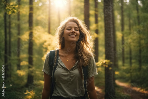 Young woman walks happily through the forest. looks up to the treetops, the sun shines through the leaves